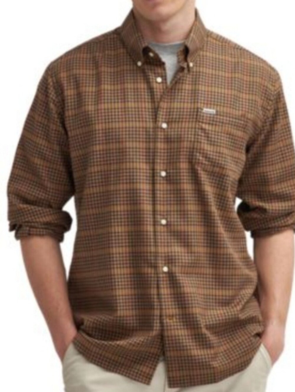Barbour Henderson Button Down Shirt In Stone Thermo Weave Size L
